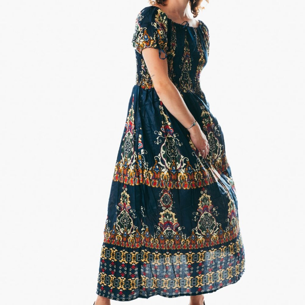 Blue peasant maxi dress short sleeve off shoulder boho summer floral tie dye